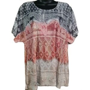 Cativa Textured Artsy Tunic Top Sz Large Short Slv Abstract Gradient Semi Sheer